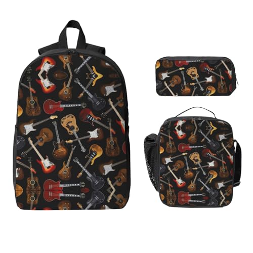 Guitars print Shoulder Bookbags Lunch Bag and Pen Case 17 inches Backpack with Lunch Box, Cute Bookbag Set2