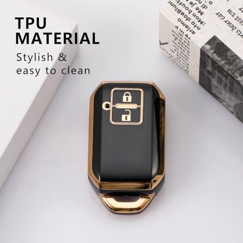 Image of TPU Car Key Cover Black & Golden Compatible for Suzuki Baleno, Vitara Brezza, Swift, Dzire, Ertiga, Grand Vitara, Ignish, XL-6, Jimny, Fronx (Suzuki, 2 Button Push Smart Key)