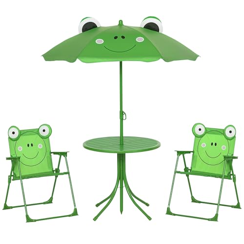 Outsunny Kids Outdoor Table and Chairs Garden Furniture Frog Pattern with Removable & Height Adjustable Sun Umbrella, Green