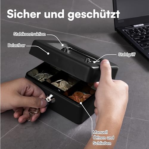 H&S Geldkassette abschließbar - Geldkassette klein - Spardose abschließbar - Schwarz mit zwei Schlüsseln - Geldkasette für Scheine und Münzen