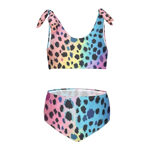 JUNZAN Colorful Leopard Rainbow Girls Bikinis 2 Piecing Cute Elastic Swimwear Baby Girls Swimming Suits Birthday Gifts 5-6Y