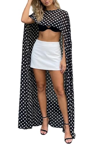 Hedovan Women Chiffon Cape Poncho Sheer Mesh Long Shawl Wrap High-Low Capelet Bridal Wedding Evening Dress Cover Up(Flowy Polka Dot,One Size)