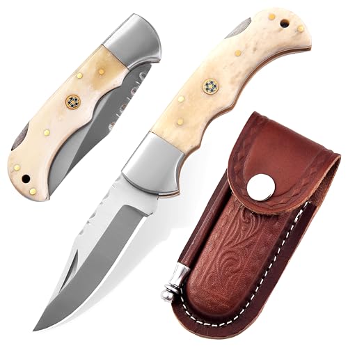 UA KNIVES HANDMADE Pocket Knife for Men - 7 Inches Stainless Steel Folding Knife with Leather Sheath - Best for EDC, Camping, Hiking and Outdoor Activities (Camel Bone)