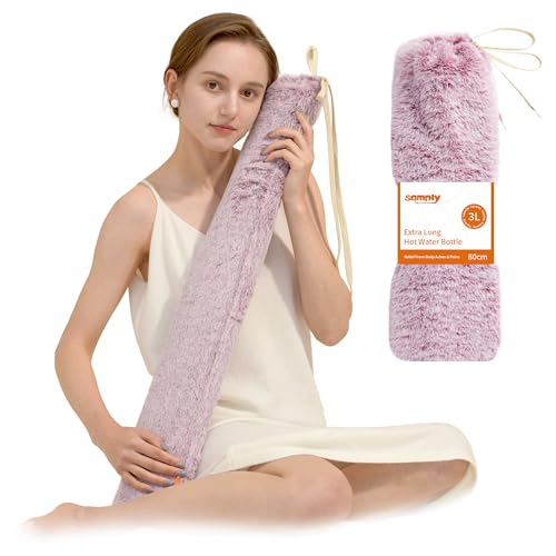 samply Lang Wärmflasche mit Bezug Flauschig, Groß Schlauch 3 Liter Long Hot Water Bottle mit Zum Umbinden, Bettflasche für Frauen Männer (Lila)