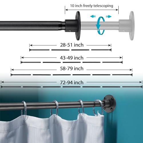 Image of Shower Curtain Rod 28-94 Inch,Adjustable Heavy Duty Shower Rods for Bathroom Wall Mounted Permanent Industrial Shower Curtain Rod Rust Proof Stainless Steel Black