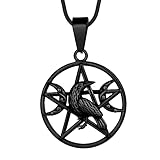 Raven Moon Pentacle Pendant Necklace - Wiccan Crow Crescent Pentagram Pendant Star Necklace 316L Stainless Steel Pentagon Black Gun Plated Pendant Leviathan Satanic Necklace Satan Jewelry SP0095B