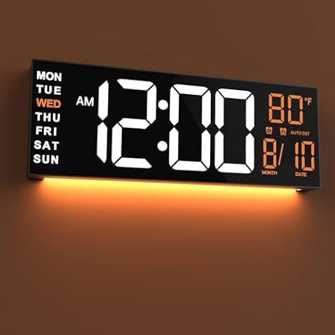 JALL 16" Large Digital Wall Clock Timer, Remote Controll, 2 Alarms, LED Display, 8 RGB Color, Auto DST, Temperature for Living Room, Bedroom, Desk, Mounted, Gift for Elderly (White Orange, 16 inches) Cover
