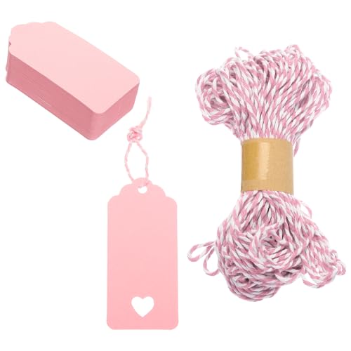 QUARKZMAN Preisschild Hohles Herz Beschriftbare Etiketten Display Label, 3,7 x 1,8 Zoll Rosa Anhänger für Kleidung Selbstgemachte Preisauszeichnung mit Nylonfaden 100er Set
