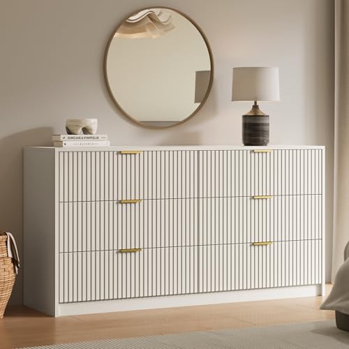 Image of MAISONARIA 6 Drawer Dresser for Bedroom, 55 inch Wide Modern Chest of Drawers with Gold Metal Handles, Fluted Wood TV Stand for Living Room, Hallway(Beige)