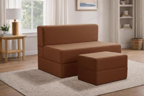 Image of Rosebell Foldable Sofa-Cum-Bed with Ottoman | 3-in-1 Convertible Sofa, Lounger & Bed 3x6 Feet One Seater Perfect for Home & Office - Brown Color