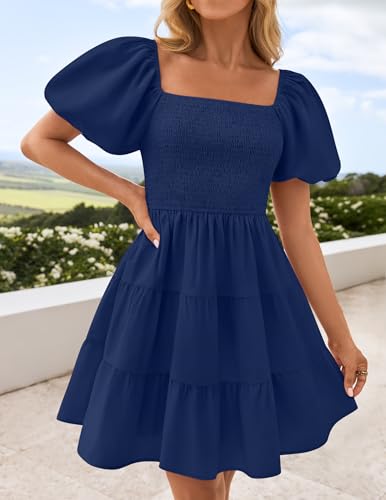 Image of ZESICA Women's Boho 2026 Summer Square Neck Puff Sleeve Off Shoulder Smocked Tiered Casual A Line Short Mini Dress
