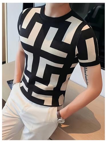 Verdusa Men's Colorblock Geo Lightweight Sweaters Short Sleeve Slim Fit Pullover Knit Tops3