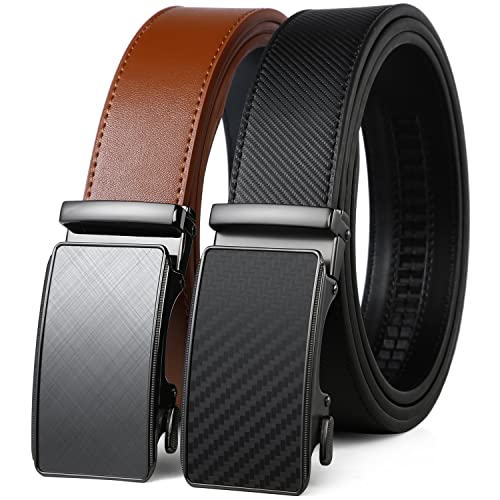 Image of 2 Pack Ratchet Belt 1 3 /8 inch, Mens leather Dress Belt in Gift Set Size 28 inch-62 inch Adjustable waist Trim to Fit
