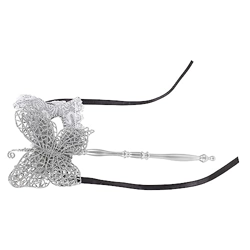 Cabilock Fancy Dress Masquerade Mask with Stick Women's Mardi Gras Masks Silver Color for Night Club Events