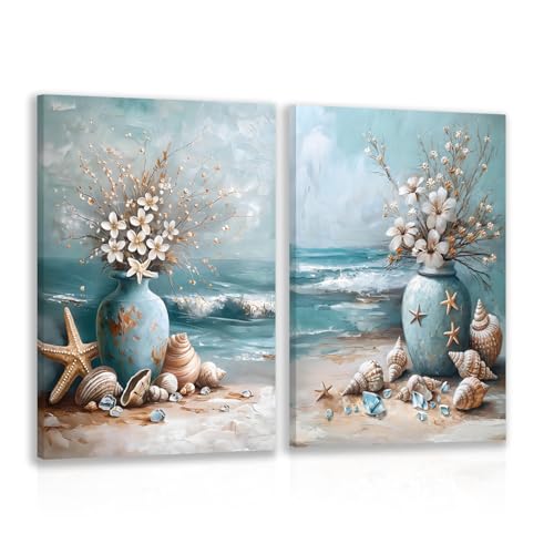 CGXY Beach Coastal Wall Art Starfish with White Flower in Vintage Vase on Teal Beach Wall Decor Blue Beach Picture Canvas Print for Bedroom Bathroom Modern Coastal Artwork Framed 12"x16" 2 Pcs