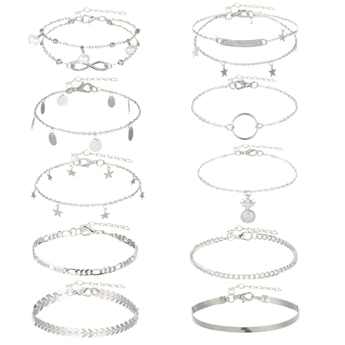 Image of 12pcs Gold /Silver Ankle Bracelets for Women Layered Waterproof 14k Cuban Link Chain Anklets Set Adjustable Dainty Summer Beach Gold Accessories Boho Bracelet Jewelry