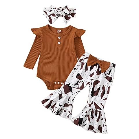 Newborn Baby Girl Clothes Ribbed Romper Cute Bow Headband Fall Winter Outfits (Brown-b, 3-6 Months) Cover