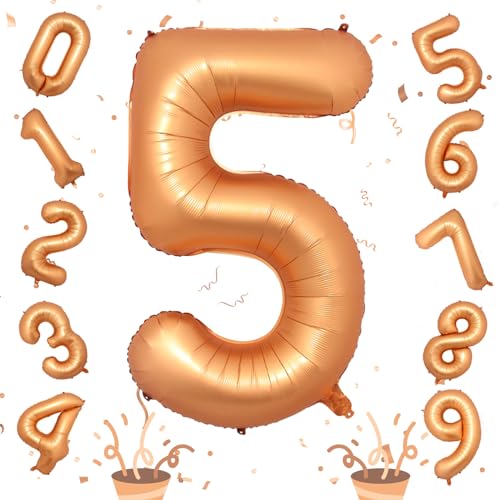 Image of 40 Inch Number 5 Balloon, Big Foil Self Inflating 5th Birthday Number Balloons Orange Decor, 0-9 Set Helium Ballons for Girls Kids Birthday Party Anniversary Celebration Party Decorations Supplies
