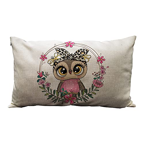 Wozukia Cute Cartoon Owl Throw Pillow Cover With A Floral Wreath Fashion Design Cotton Linen Decorative Rectangular Pillowcase For Sofa And Bed Couch 12"X20" #TOP30
