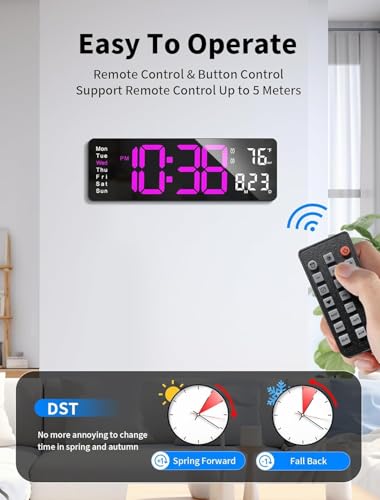 Image of 15-Inch Digital Wall Clock with Large LED Display - Remote Control, Auto-Dimming, Night Light, Date, Day, Temperature, DST Function - Ideal for Living Room, Bedroom (16 Inch Rose Red)