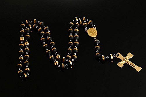 Christian Catholic Black Gold Stainless Steel Beads Crucifix Religious Long Rosary Necklace Easter Day Gifts3