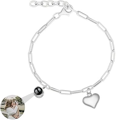 Personalized Photo Bracelets Custom Photo Projection Bracelet with Picture inside Heart Pendant Circle Charm Picture Bracelet with Photos for Women Men Couples Family Best Friend