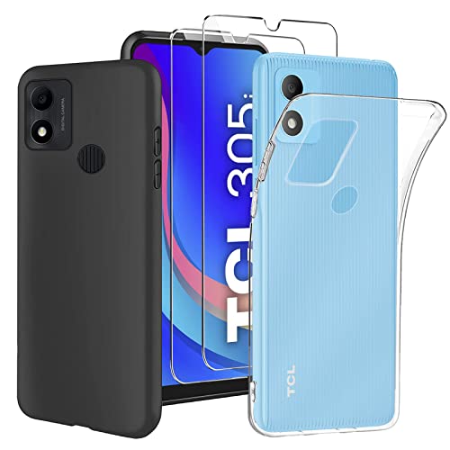 GEJEFA Funda para TCL 305i Transparente + Negro Funda con 2 Piezas Cristal Templado, Resistente Funda TPU Protectora e Anti-Scratch Blando Funda para TCL 305i Cover