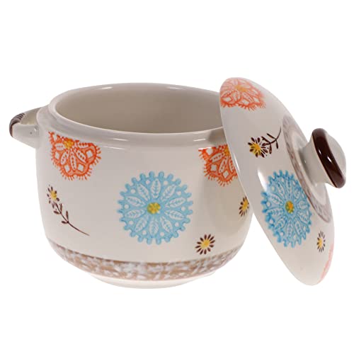 VINTORKY Japanese Style Ceramic Stew Bowl 450ml Hand-Painted Soup Holder Lid Porcelain Steaming Pot Household Kitchen Soup Bowl for Steaming and Serving