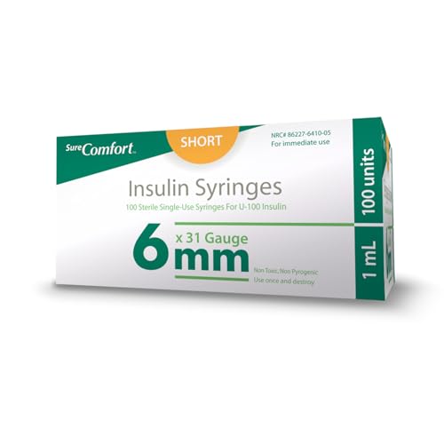 Image of SureComfort U-100 Insulin Syringes 31G x 1 /4 inch 1cc (6 mm), Quality Disposable Syringes for Diabetes Care, Box of 100