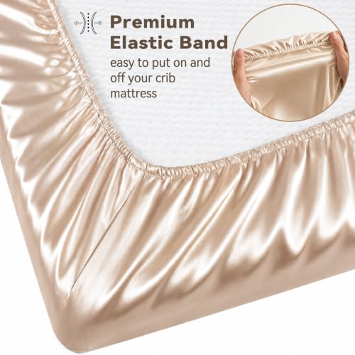 Image of Satin Crib Sheet for Baby Hair Care - Oeko-TEX Certified Silky Soft Fitted Mattress Cover 28x52 - Breathable & Gentle on Skin, Snug Fit for Standard Crib (Champagne)