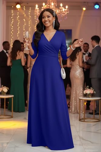 Image of CLOCOR Maxi Dress for Women Long Summer Short Sleeve Evening Formal V Neck A Line Dresses Wedding Guest Empire Waist Elegant