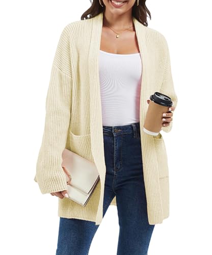 crazy bean Cárdigan Invierno Mujer Chaqueta Punto Largo Otoño Rebeca Manga Larga con Bolsillos Suéter Abierto Elegante Beige S