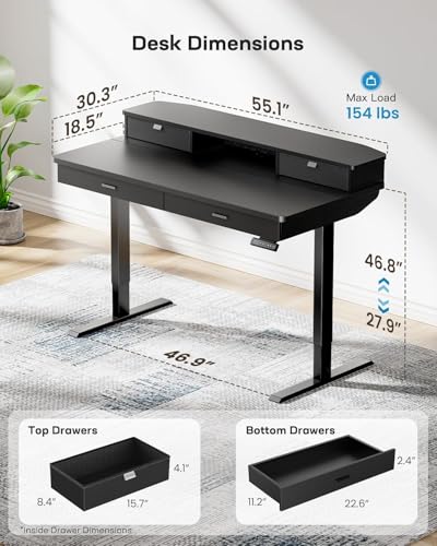 Image of HUANUO 55 x 30 inch Standing Desk with Wood Drawers,Electric Stand up Home Office Desk Adjustable Height with Two Tiers, Black Ergonomic Stand up Desk with Monitor Stand
