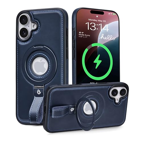 Étui cuir iPhone 16 Plus MagSafe équipé d'un support bleu