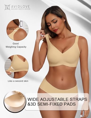 Image of Avidlove Bras for Women Seamless Bra Full Coverage T Shirt Bralettes V Neck Wireless Bra Comfortable Brassiere
