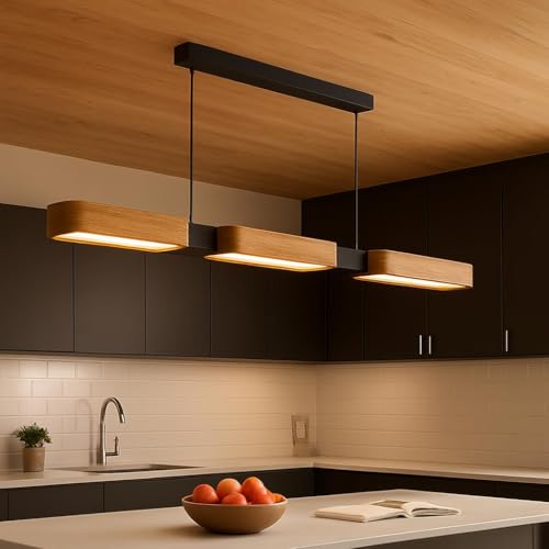 Epochglo Lustre Cuisine Moderne en Bois 90 cm, Suspension Luminaire LED pour Salle à Manger et Îlot Cuisine, Dimmable 3000K-6500K avec Télécommande et Fonction Mémoire