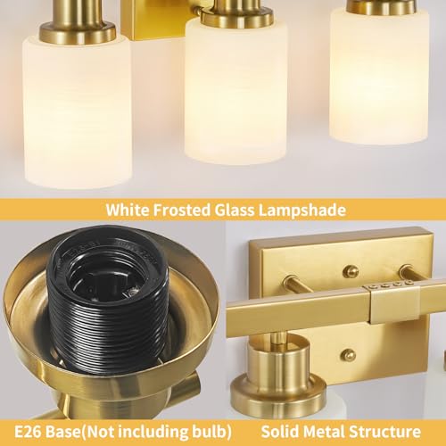 Image of Gold Bathroom Light Fixtures 5-Light Brushed Gold Vanity Light 30in | White Frosted Ribbed Glass Shade Vanity Lighting Fixtures over Mirror Gold Sconces Wall Lighting for Hallway E26 Base