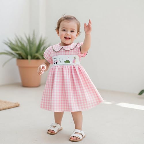 Kids Girls Golf Outfit Toddler Girl Smocked Golf Dress Puff Short Sleeve Summer Pink Gingham Athletic Dresses2