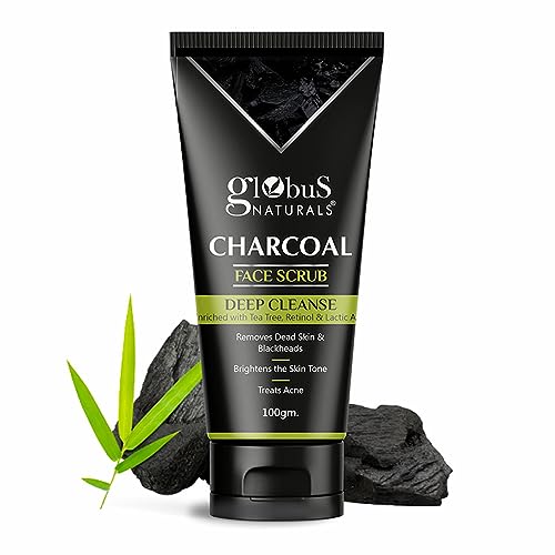 Image of Globus Naturals Charcoal Face Scrub Enriched with Tea Tree, Retinol & Lactic Acid for Exfoliation, Acne & Blackhead Removal, 100 gm