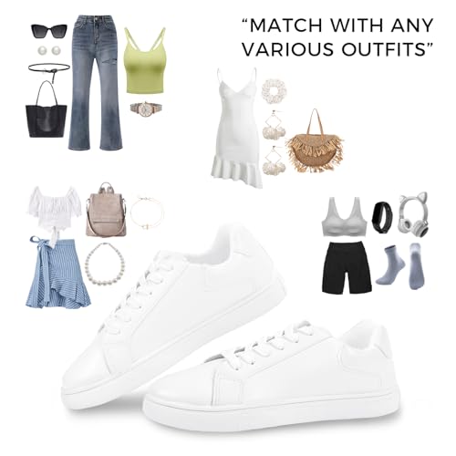 CHIN·MOON Women's Fashion Sneakers White PU Leather Casual Shoes Low Top Lace Up Tennis Sneakers4