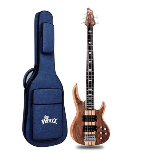 WINZZ - Guitarra bajo eléctrico de 5 cuerdas con acabado de madera natural con 24 trastes de acero...