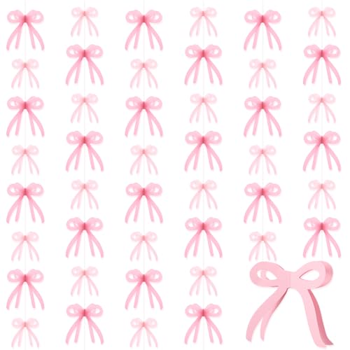 Image of Yeaqee 4 Pcs Pink Bow Hanging Garland Banner, 3D Pink Bow Banner Party Decorations for Coquette Bachelorette Party, Coquette Birthday Decor, Baby Shower, Bridal Shower, Bowtie Decor
