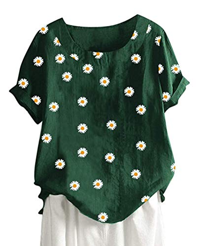 Minetom Leinenbluse Damen Sommer Chrysantheme Print T Shirts Kurzarm Loose Rundhals Oberteile Tunika Tops A Grün 48