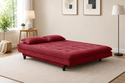 Image of Deco Studio Velvet Fabric Wooden Three-Seater Apsen Sofa Bed with Tufted Couch Sofa for- Living Room Furniture-Red-Color