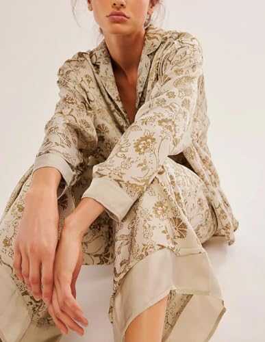 Image of LILTWIST Silk Satin Pajamas Set for Women 2 Piece Floral Pjs Wide Leg Lounge Pants Set Long Sleeve Button down Pj Shirts Set