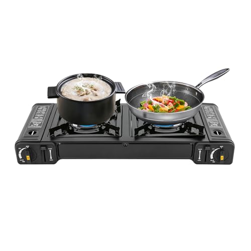Camping Gas Portatil con 2 Quemadores con Bandeja de Parrilla y Funda de Almacenamiento Cocina de Gas Butano para Acampar, Viajes, Senderismo, Picnic, Barbacoas en Terraza
