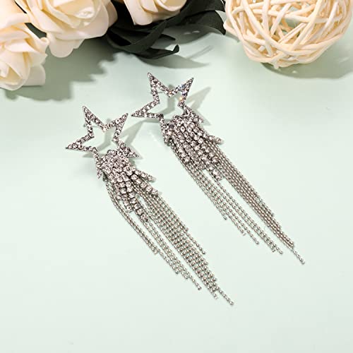 Crystal Tassel Dangle Earrings For Women Rhinestone Star Pave Stud Earrings Statement Jewelry Gifts (Silver) #TOP6