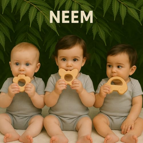 Image of Shark Doo Doo Neem Wood Baby Teether Combo (Car, Butterfly & Flower) | Organic & Handcrafted | Paint-Free, Antibacterial Teething Toy for Babies