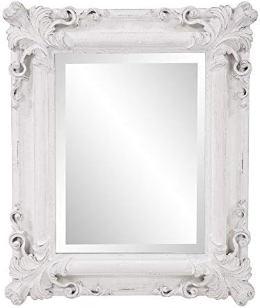 Howard Elliott Edwin Hanging Rectangular Mirror for Wall, Accent White Wall Mounted Mirrors for Bathroom, Elegant Embellished Framed Decorative Mirror for Living Room & Bedroom, 28 x 24 Inch