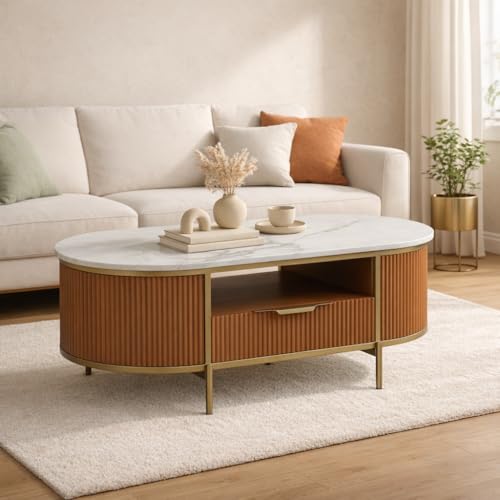 Image of Monaco Centre Table | Premium Sintered Stone Center Top Table for Living Room | Coffee Table | 110 x 60 x 45 cm | Premium Acrylic Terracotta Brown Finish